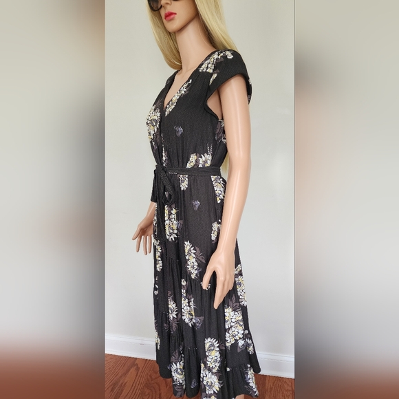 FREE PEOPLE RUFFLE FRILL BELTED FLORAL CAP SLEEVES BUTTONS MIDI DRESS SZ.4 - Picture 7 of 15